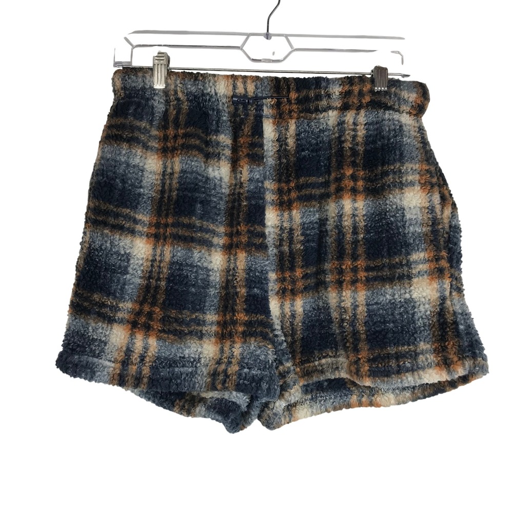 Lazy Sunday Plaid Sherpa Fleece Lounge Shorts Blue Orange Size Medium